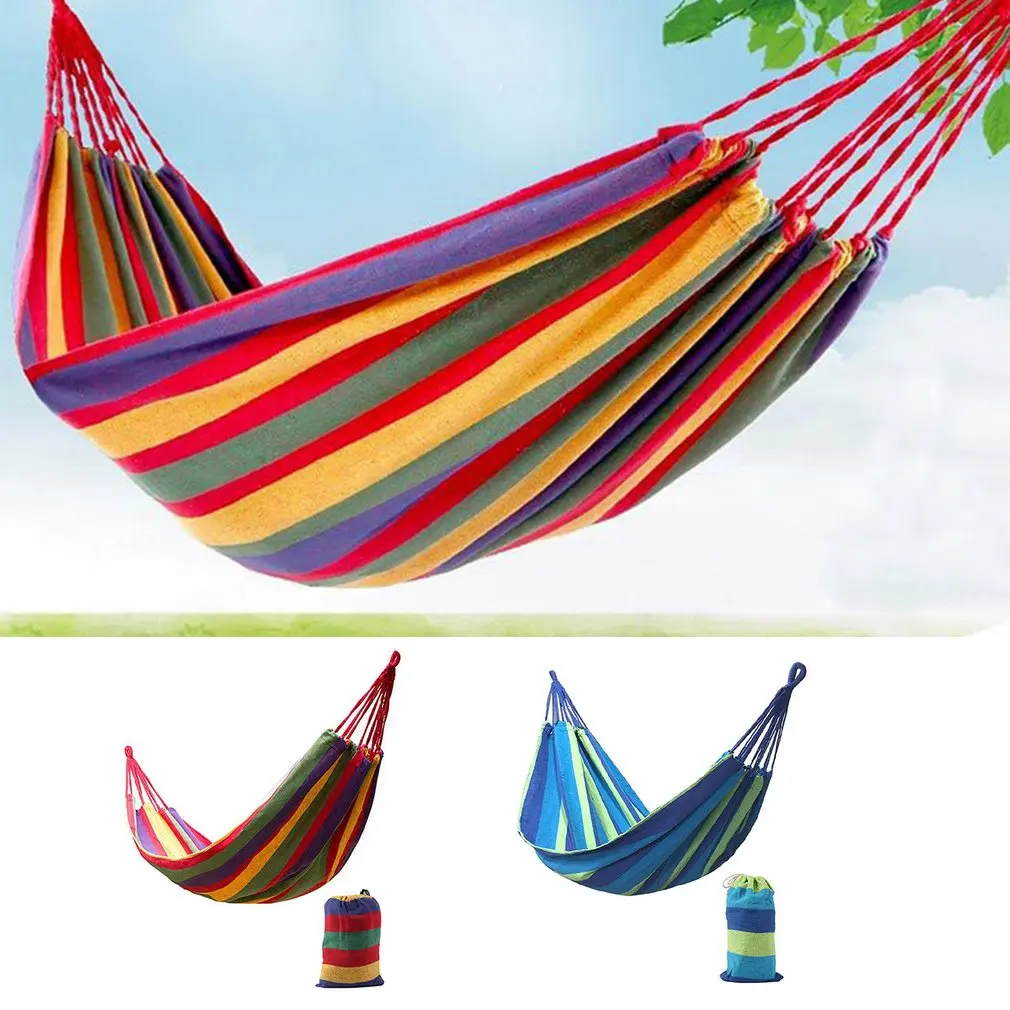 Portable 2 Persons Hammock Outdoor Hammock Garden Sleeping Leisure Home Travel Camping Swing Canvas Stripe Hang Bed Hammock