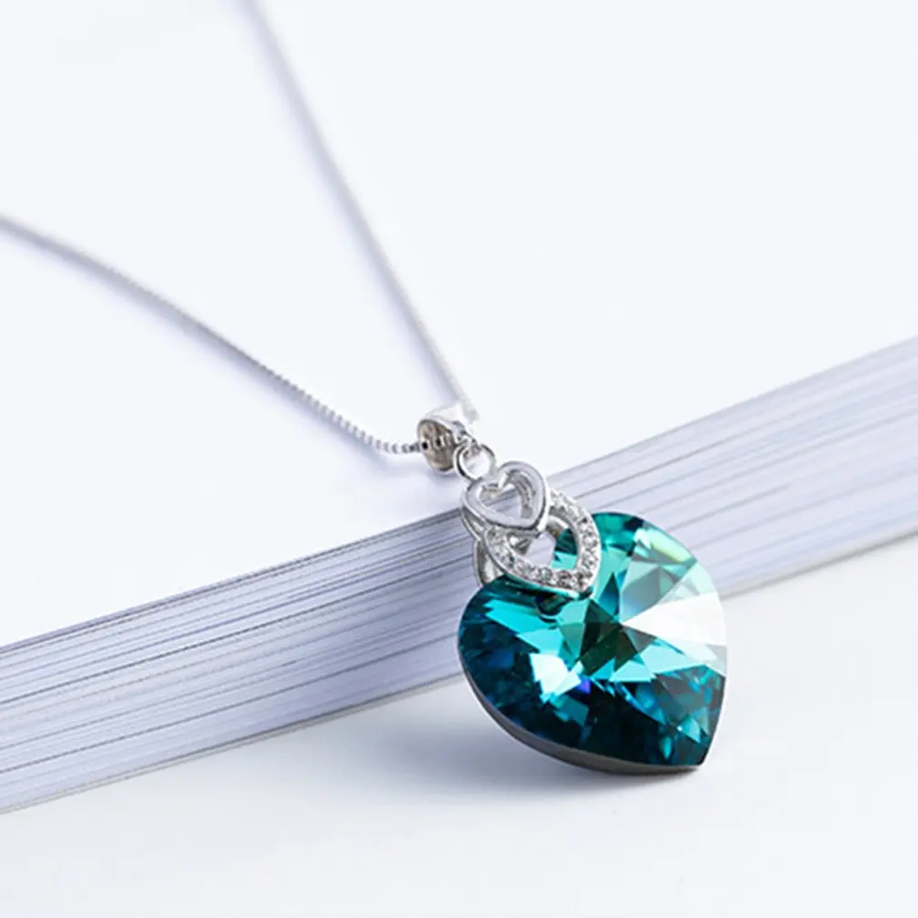 Premium Design Classic Ocean Heart Design Female Jewelry Blue Crystal Pendant S925 Sterling Shining Necklace