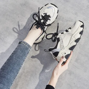 

CINESSD Genuine Leather Chunky Sneakers Women New 2020 Spring Casual Shoes Women Sneakers Mixed Color Ladies Sneakers Platform