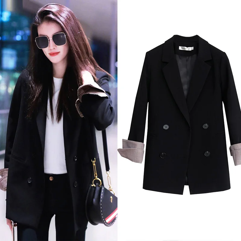 

Black And White with Pattern Suit Jacket Women's 2019 Early Autumn New Style Korean-style Casual Loose-Fit Network hong he Spike