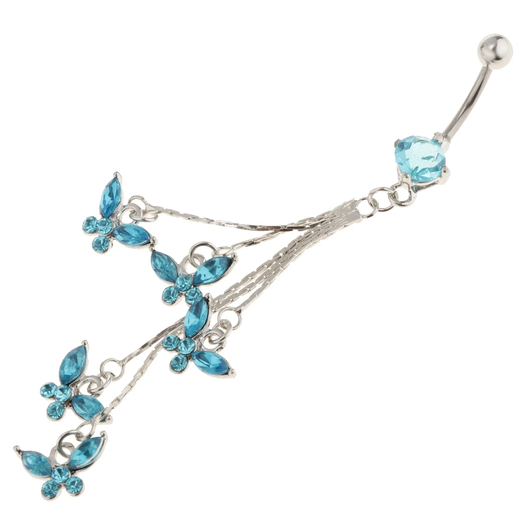 14G Crystal 5 Tassels Butterfly Dangle Belly Button Navel Piercing Ring