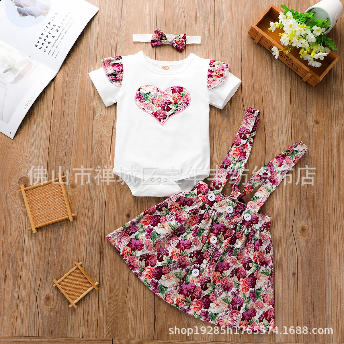 

Girl'S Strap Skirt 2019 New Style Europe And America Embroidered Peach Heart Short-sleeved Top + Flower Printed Strapped Dress S