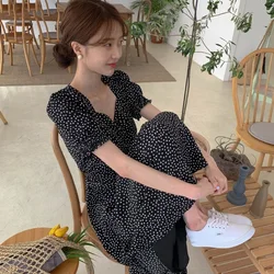 Vestido de moda coreana para mujer, ropa Vintage de cuello cuadrado con cordones, ajustado, estampado, manga farol, 92609
