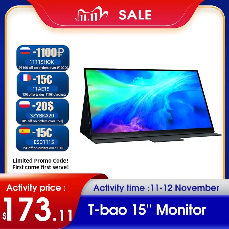 T-bao 15 Monitor with 1080P IPS Screen Support Screen Expansion Portable Monitor for Switch/PS3/PS4/PC/Laptop Gaming Monitor