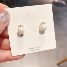 Изысканные серьги в Корейском стиле с имитацией жемчуга Золотой Цвет кубический циркониевый Бант Серьги-гвоздики для женщин