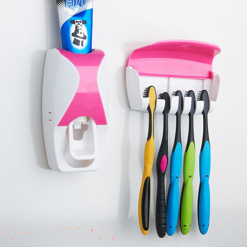 Модный домашний набор для ванной комнаты, автоматическая Дозатор зубной пасты+ 5 шт. держатель для зубной щетки, семейный набор, настенный держатель для ванной комнаты
