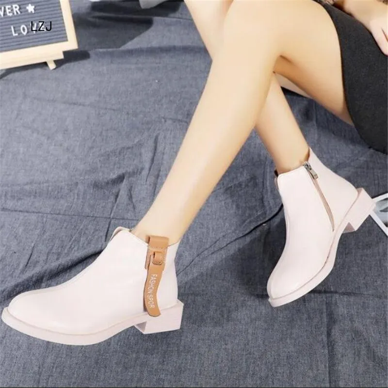 

LZJ 2019 Women Ankle Boots Autumn Winter Flock Ankle Boots Slip-on Round Square Heel Casual Booties Women Leather Martin Boots
