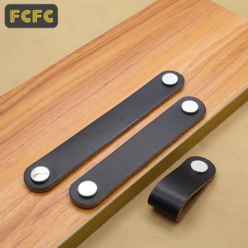 FCFC Vintage Leather Cabinet Knobs and Handles Wardrobe Kitchen Cupboard Door Pull European Zinc Alloy Furniture Handle Hardware
