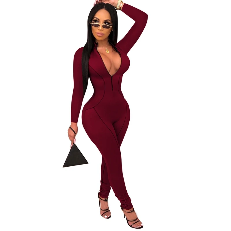 

2019 Bodycon Sexy Jumpsuit Romper Women Party Casual Overalls Long Sleeve Bodysuit Zipper V Neck Full Length Night Club Jumpsuit