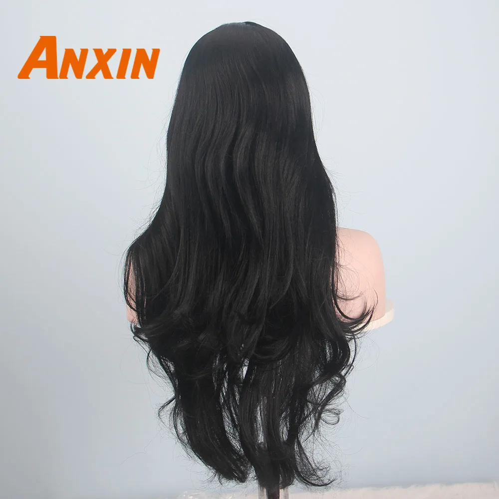 Anxin длинные черные парики для черных женщин волнистые волосы с челкой
