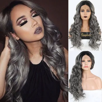 

RONGDUOYI Ombre Gray Lace Wigs Heat Resistant Fiber Hair Synthetic Lace Front Wig Long Wavy Two Tone Grey Cosplay Wigs for Women