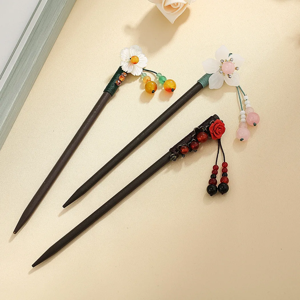 Ethnic Chinese Style Chopsticks Hair Sticks Flower Pieces With Red
