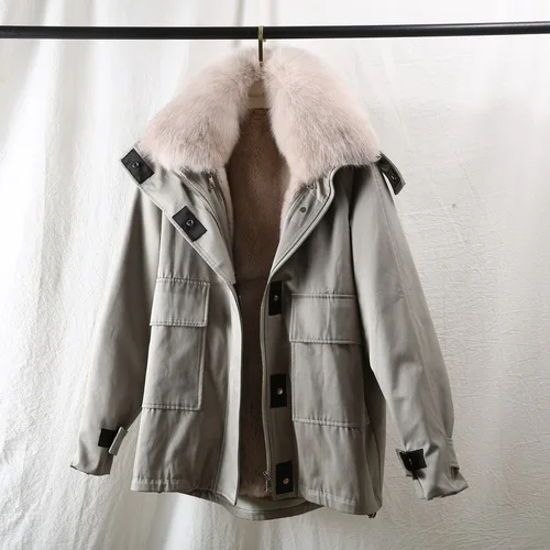 light green beige OFTBUY стиль сафари парка пальто из натурального меха зимняя куртка для женщин натуральный Лисий меховой воротник Рекс кролик верхняя одежда на подкладке съемная - Цвет: light green beige