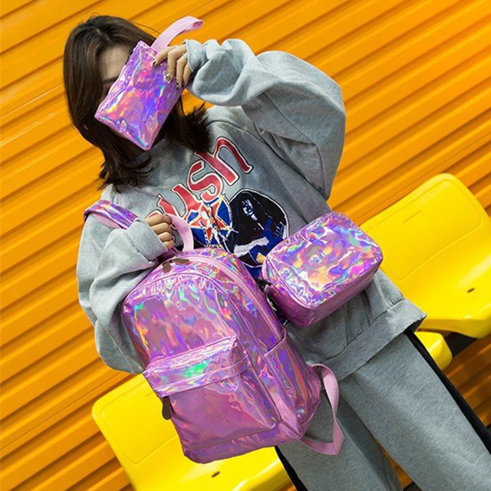 3Pcs/Set Fashion Bags For Women Student Solid Color Shiny Leather Backpack Shoulder Bag Clutches Mochila Mujer Zaino Rugzak