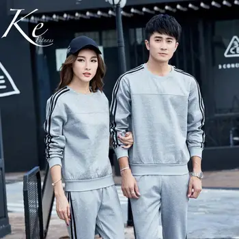 

KE New 2020 Sports suit men woman grey striped cotton round neck long sleeve casual girl boy couple sportswear big size 4XL