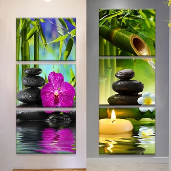 

3 Panels Zen Landscape Bamboos Flowers Stones Wall Art Poster Canvas Painting Print Picture for Home Decor