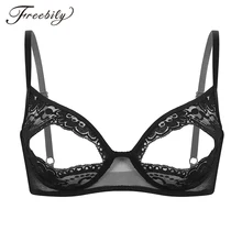 Women Lace Sexy Lingerie Erotic Costumes Open Bras Sissy Female Nightwear Sheer Nipple Split Bralette Wire-free Unlined Bra Top