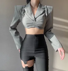 Y2k almofada de ombro pequeno terno + estilingue plissado moda sexy terno de duas peças design exclusivo alta moda terno senhora do escritório elegante