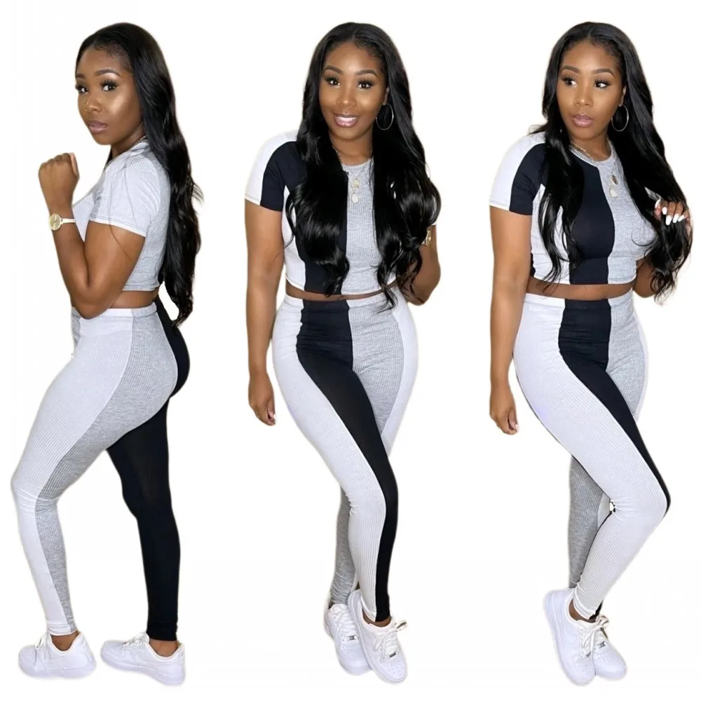 Two Piece Set Women 2021 Summer Stitching Pit Strip Short-Sleeved T-Shirt + Pencil Trousers Suit New Fashion Slim Tracksuit Gray