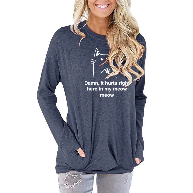 

New Women's T-shirt O-Neck Harajuku Colorful Cartoon Cat Don't Touch Me Print Top Long Sleeve Casual Female T shirt Oversized