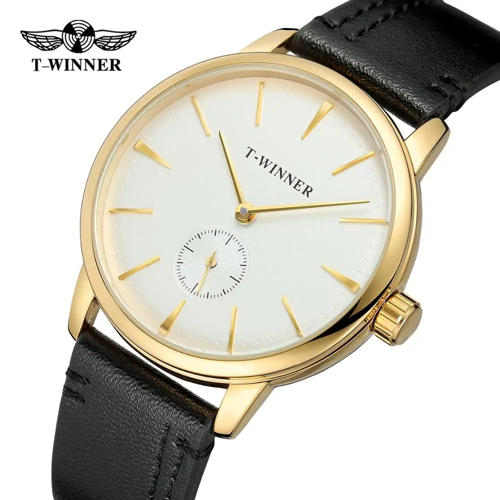 T-WINNER Men's and Women's Watches White Dial Gold Case Black Strap Automatic Mechanical Watch Fashion Simple Casual