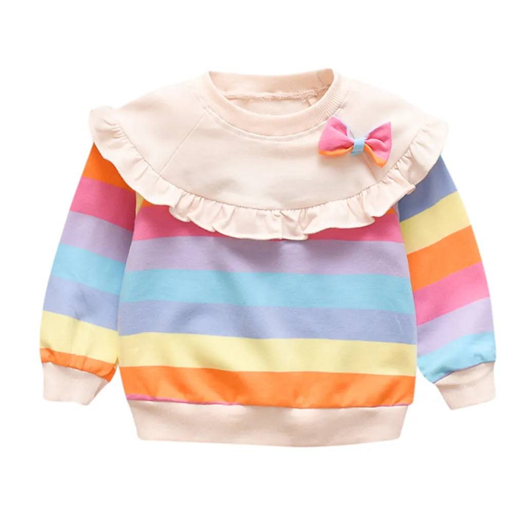 Осенне-зимняя футболка для маленьких девочек Теплые Топы в радужную полоску с оборками и длинными рукавами с бантом, футболки для детей, детская одежда