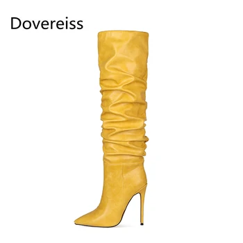 

Dovereiss Fashion Women's Shoes Winter Pointed Toe Pure color blueyellow Stilettos Heels new Ladies Boots Knee High Boots 47
