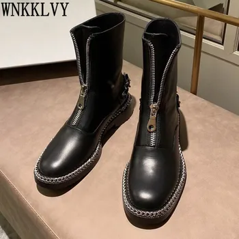 

Runway Round Toe Real Leather Chelsea Boots Women Low Heel Metal Chain Decor Front Zipper Ankle Botas Motorcycle Short Boots