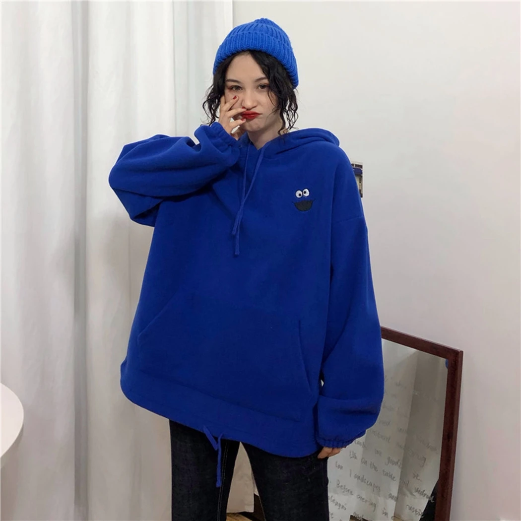 Embroidered Cartoon Hoodies Women Trendy Pockets Loose Sweetshirt Womens Cute Long Sleeve All-Match Lovely Streetwear Female - Цвет: Blueberry Blue