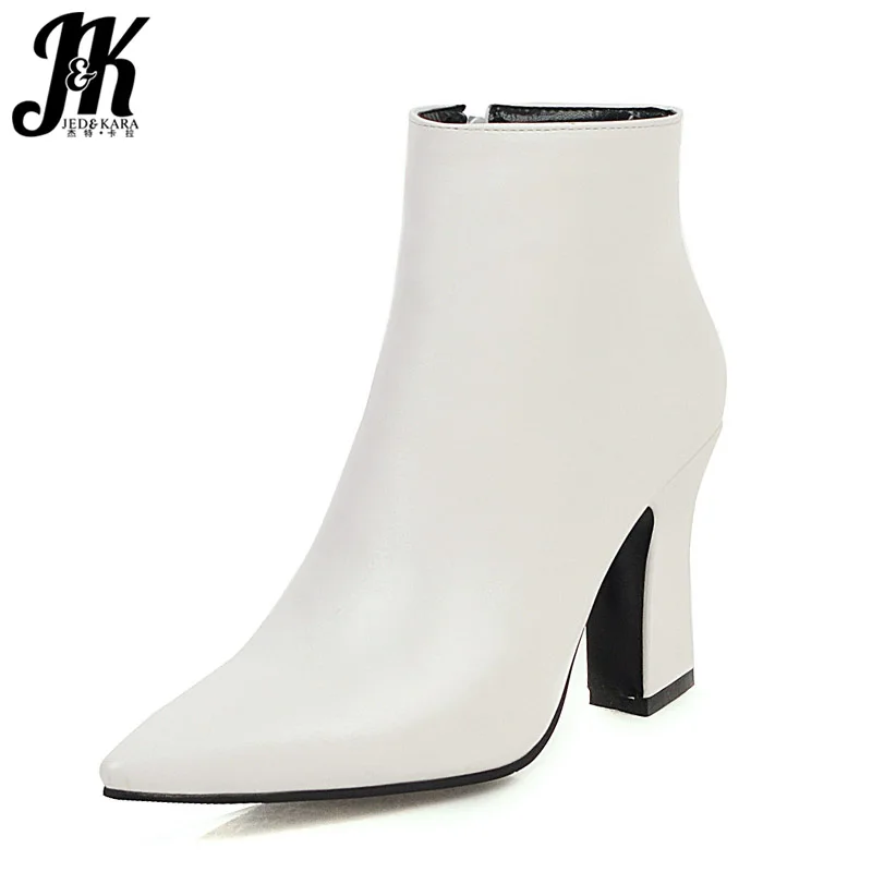 

JK Plus Size 32-48 Winter Boots Women Pu High Heels Thick Ankle Booties Ladies Party Shoes Pointed Toe Shoes Female Zip Shoes