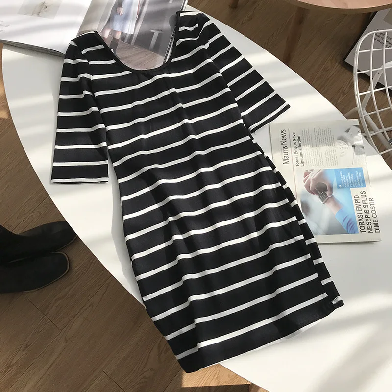 

Stock WOMEN'S Dress Overstock Korean-style Stripes Low round Neck Dress Versatile Slimming Midi-skirt Women's 12.17