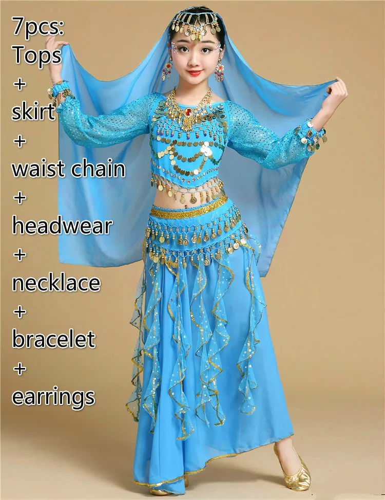 7pcs light blue Одежда для танца живота, Индийские танцы Болливуд, костюмы для детей, детская сексуальная одежда для танца живота, Восточный танец для сцены - Цвет: 7pcs light blue