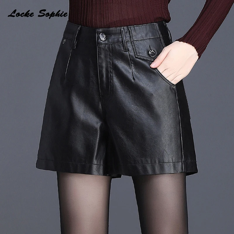Женские кожаные шорты с высокой талией осень 2020 из искусственного меха