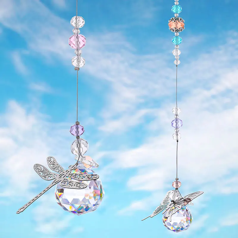H&D 2pcs 30mm Crystal Ball Prisms Butterfly Dragonfly Suncatchers Window Hanging Ornament Rainbow Maker for Home,Garden Decor