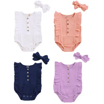 

0-18M Newborn Kid Baby Girl Sleeveless Candy colors Bodysuit Jumpsuit Headband 2pcs Solid Clothes