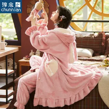 

Pajama Robes Women's Thickened Flannel Winter Korean Student Lovely Coral Plush Home Clothes Set Ladies Nightgown Long