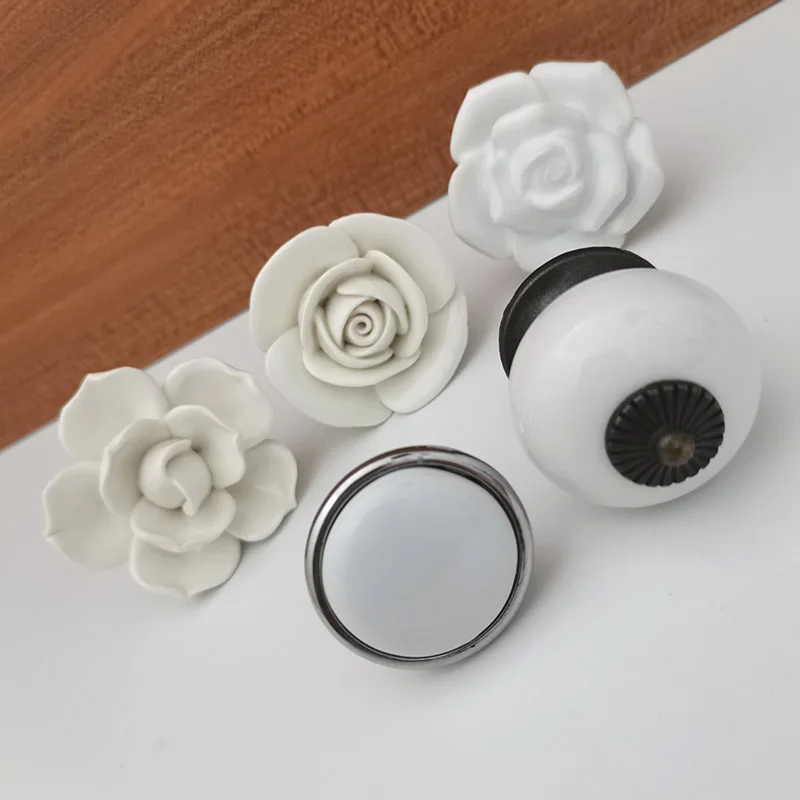 Children Room Ceramic Cabinet Pull White Rose Lotus Love Simple Knobs Single Hole Kitchen Furniture Drawer Handle With Flower