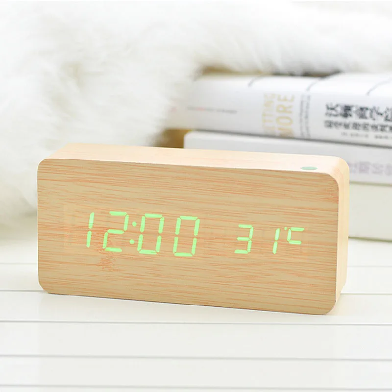 Температура USB или на батарейках настольные часы Голосовое управление цифровой светодиодный Деревянный Будильник с датой