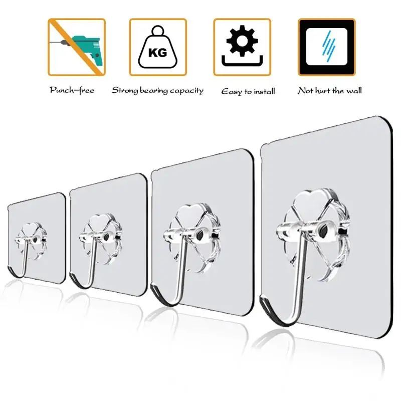 Ganchos resistentes autoadhesivos transparentes para puerta, colgadores de pared impermeables y a prueba de aceite, reutilizables, sin costuras, para cocina y baño