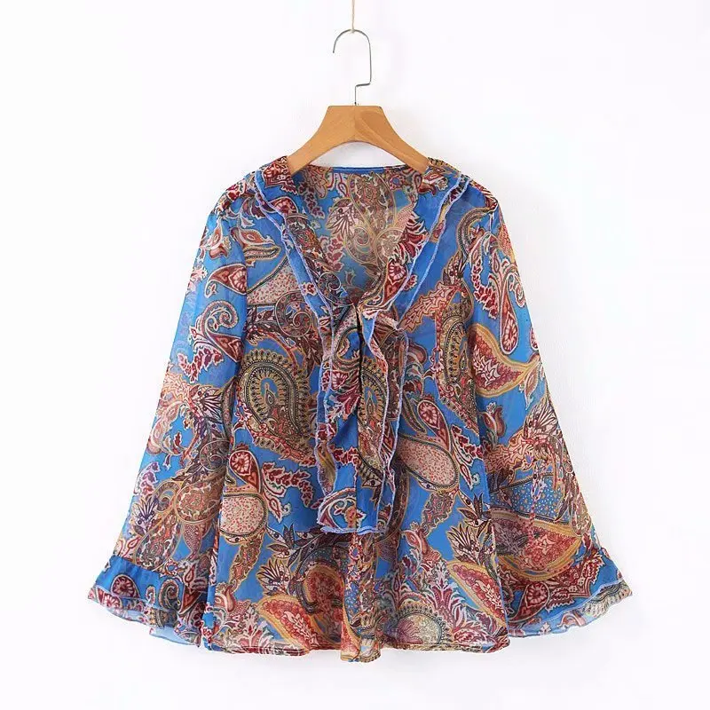 

[EWQ] 2019 Spring Autumn New Pattern V-collar Long Sleeve Print Patchwork Ruffles Bohemian Shirt Women Fashion Tide AH06509L