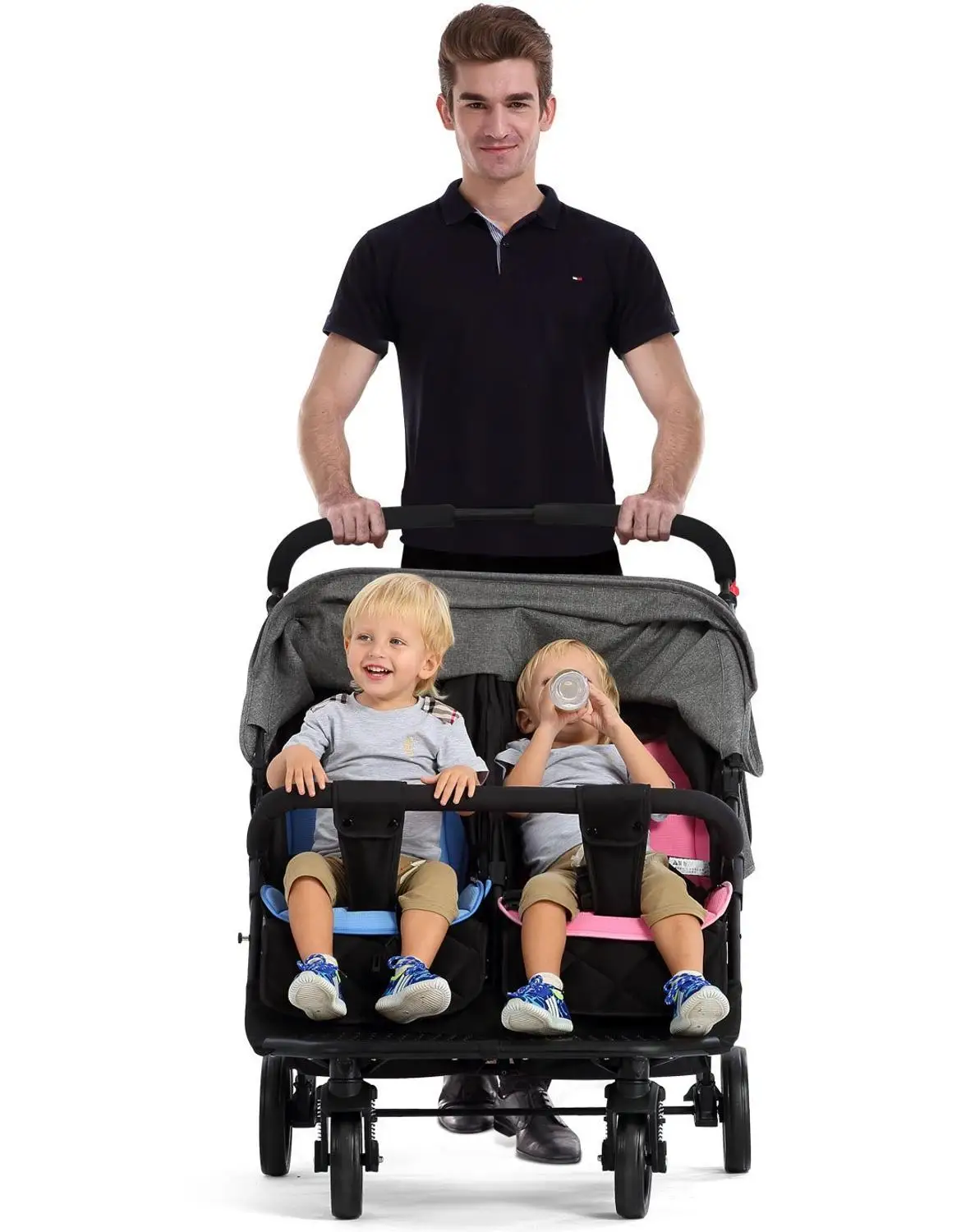 Детская коляска для близнецов, двойная детская коляска для путешествий, двойная коляска для близнецов - Цвет: Серый