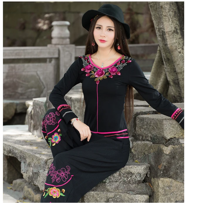Camisas femininas Женский Пуловер женский винтажный 70s этнический мексиканский стиль длинный рукав v-образный вырез черная футболка с вышивкой AF498