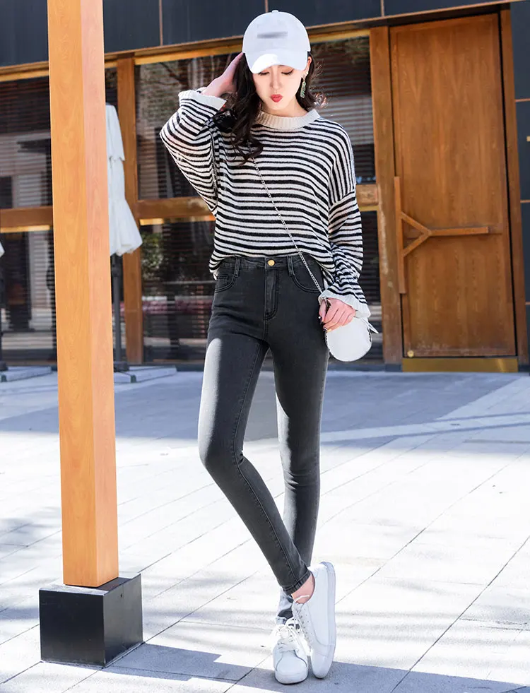 Retro Female Jeans Female Solid Straight Pant Ankle-Length Jeans Casual Button Fly Pencil High Waist Light Jean Spring Wear