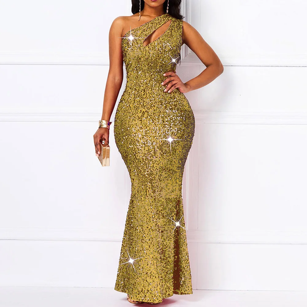 Роскошное Золотое отражающее сексуальное платье с блестками, женское платье на одно плечо размера плюс, элегантное женское облегающее длинное вечернее Клубное платье