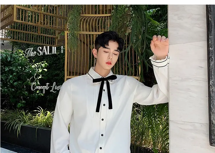 MIXCUBIC Autumn England style unique Palace bow tie shirts men casual loose retro Pleated lace shirts M-XXL