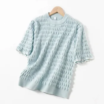

Women T-shirt 2020 Spring and Summer New Three-dimensional Texture Knitted Shirt Light Blue