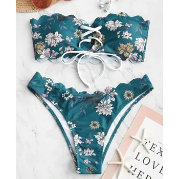 

#Z15 Bandeau Bikini Set Floral print Scalloped Lace-Up Swimwear Women Push-Up Two Piece Bikinis Swimsuit Female Swimwear