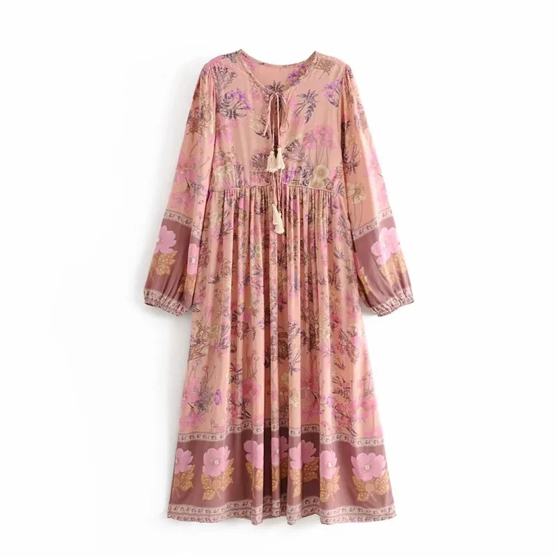 Женское платье с кисточками Boho летнее Свободное длинным рукавом цветочным