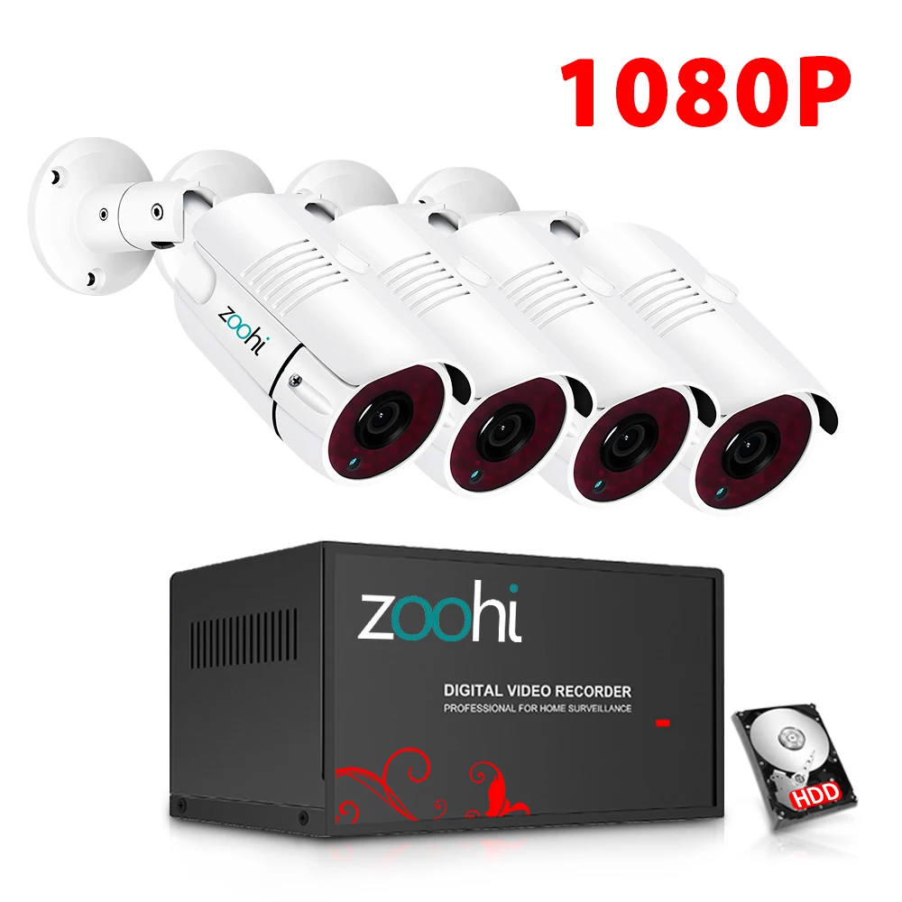 Zoohi HD 4CH 1080N AHD DVR комплект видеонаблюдения Системы 4 шт. 720 P/1080 P AHD водонепроницаемый/Металлическая Цилиндрическая камера видеонаблюдения 2MP P2P Видеонаблюдения Набор - Цвет: 1080P 4 Cameras