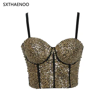 

SXTHAENOO Spring Summer Handmade Gold Rhinestone Tank Top Women's Sexy Bustier Cropped Tops for Night Club Dance